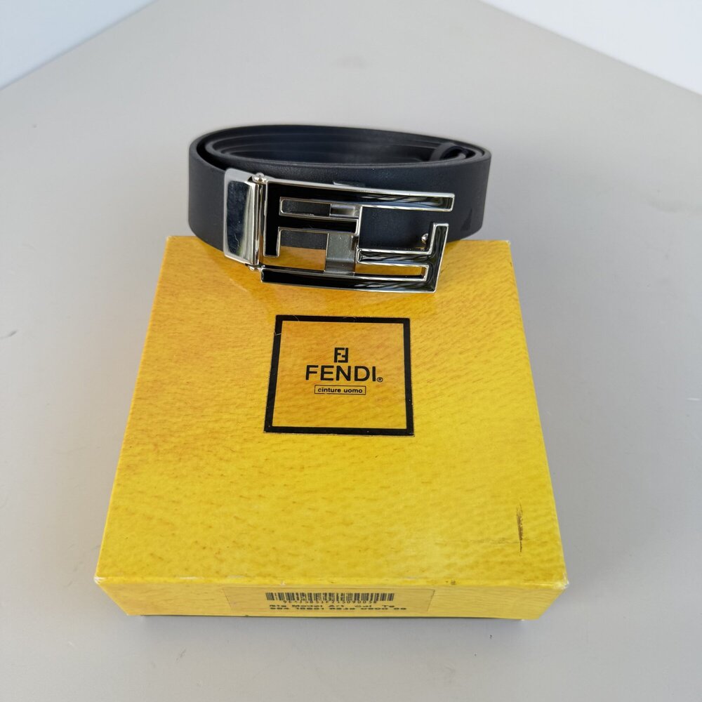 Fendi Men's Black Leather FF Squared Logo Buckle Belt Size 110/125